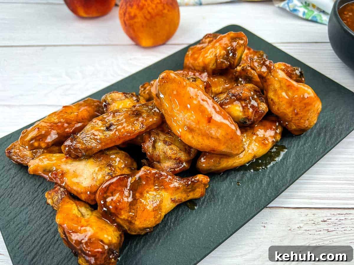 Smoked and glazed peach-chipotle chicken wings on a black plate.