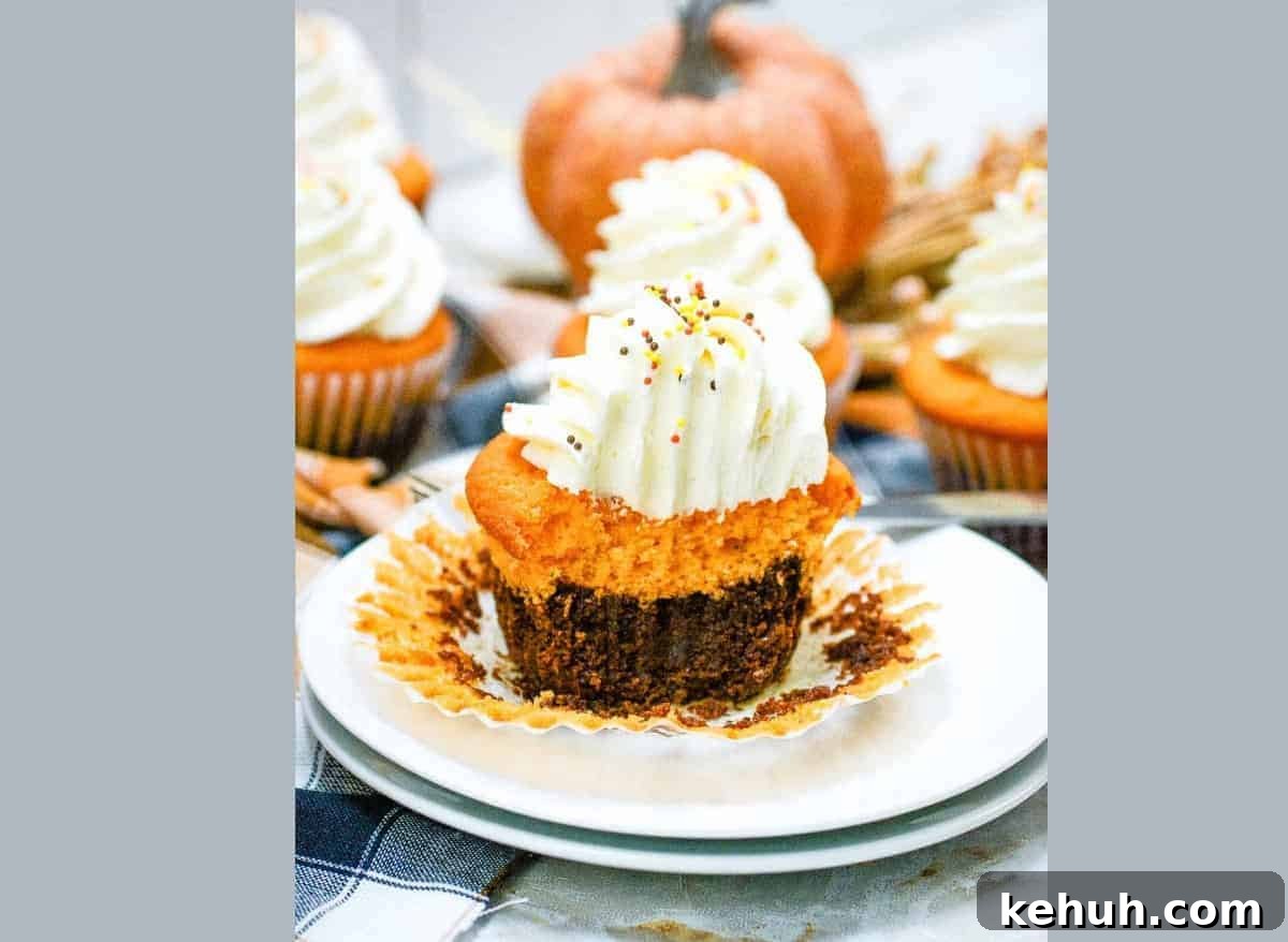 Fall brownie cupcakes with whipped cream on a plate.