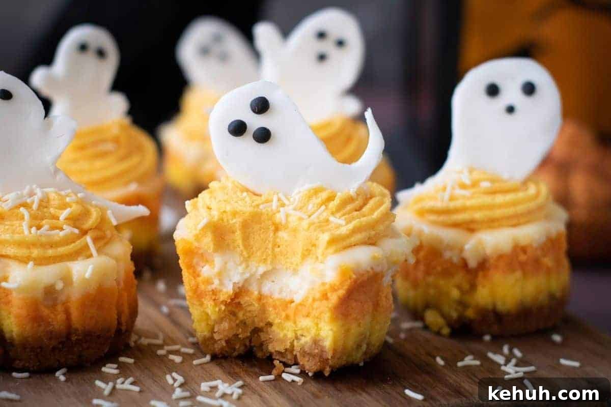 Mini cupcakes with orange and white frosting are topped with white ghost-shaped decorations and sprinkles, arranged on a wooden surface.