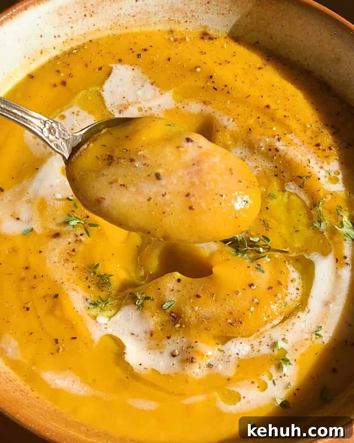 Creamy Roasted Butternut Squash Soup with Sage and Garlic 7 taking a scoop with a spoon of butternut squash soup