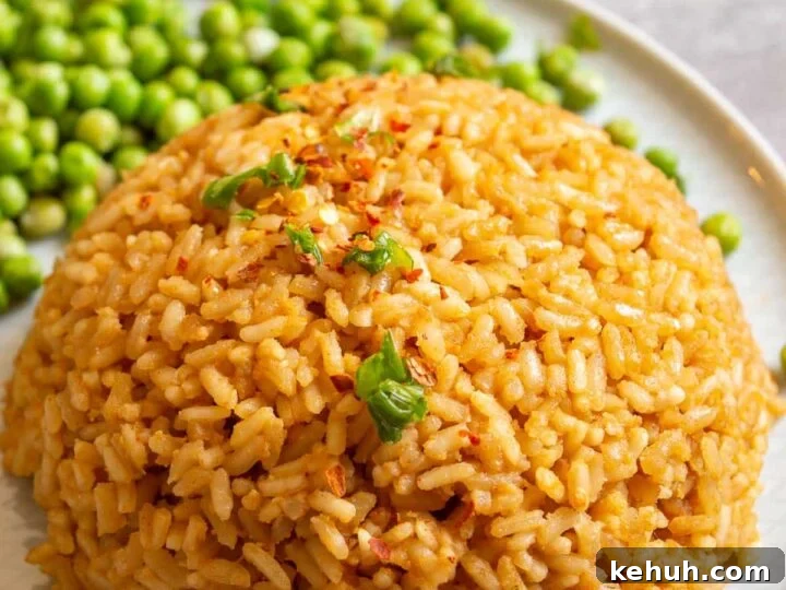 A round mound of rice mixed with peanut butter on a white plate.