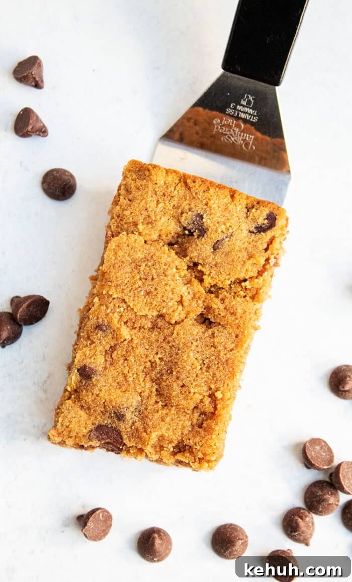 Keto Peanut Butter Chocolate Chip Cookie Bars 16 overhead view of keto pumpkin chocolate chip cookie on spatula