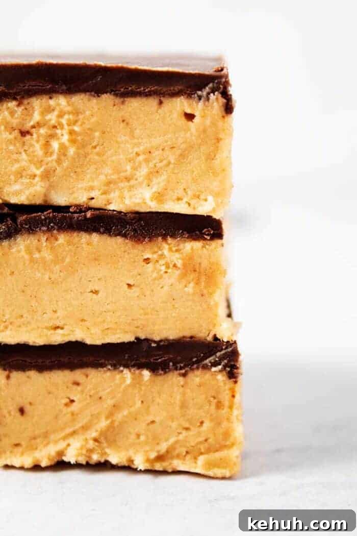 Keto Peanut Butter Chocolate Chip Cookie Bars 8 side view of three stacked keto no bake peanut butter bars